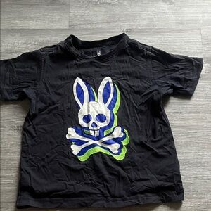 Psycho Bunny Black Tee with White, Blue & Green Skull Bunny Graphic
